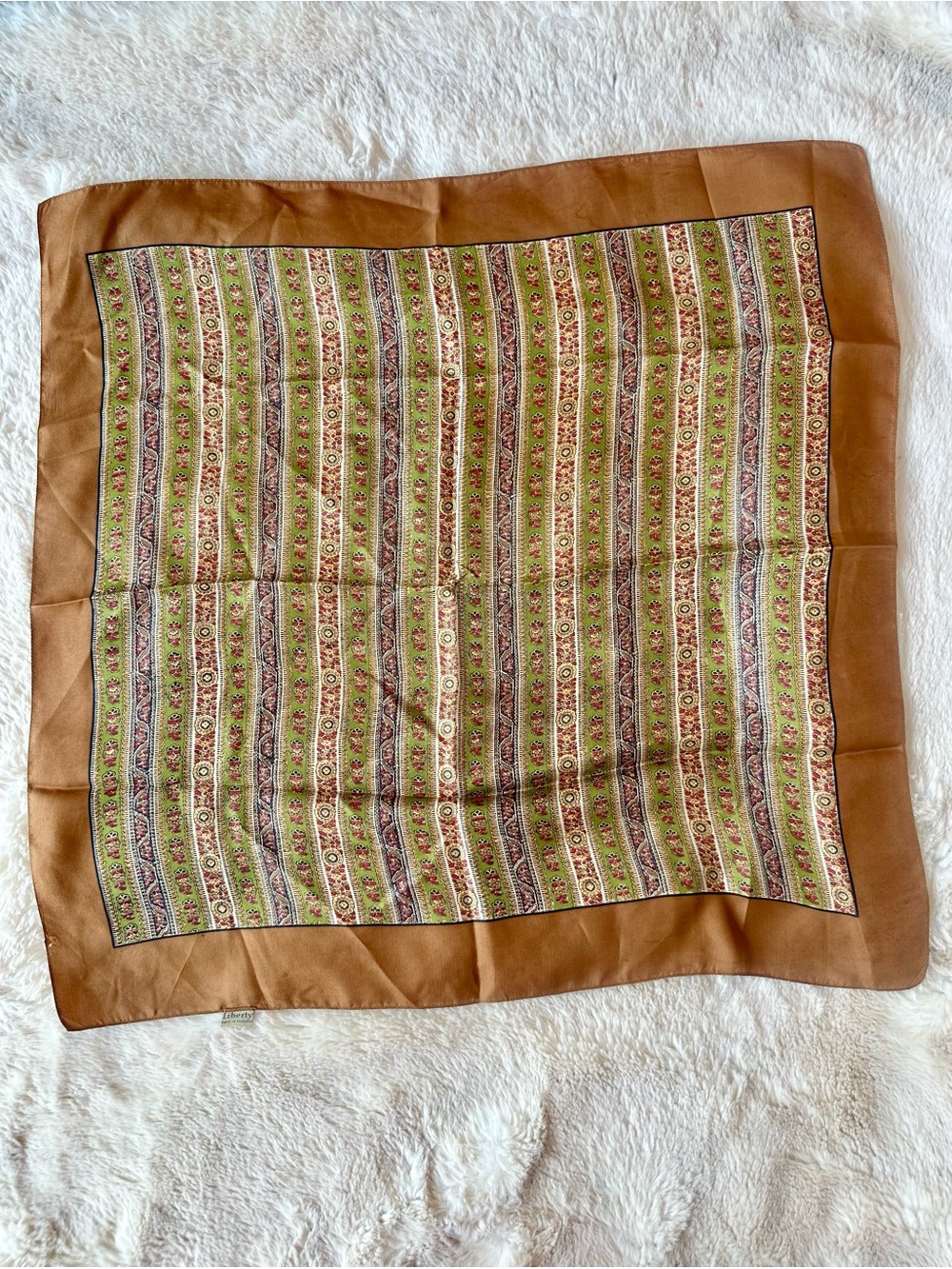 Liberty Of London Silk Scarf Square Gold Green Paisley Stripe 23” Retro Hippie